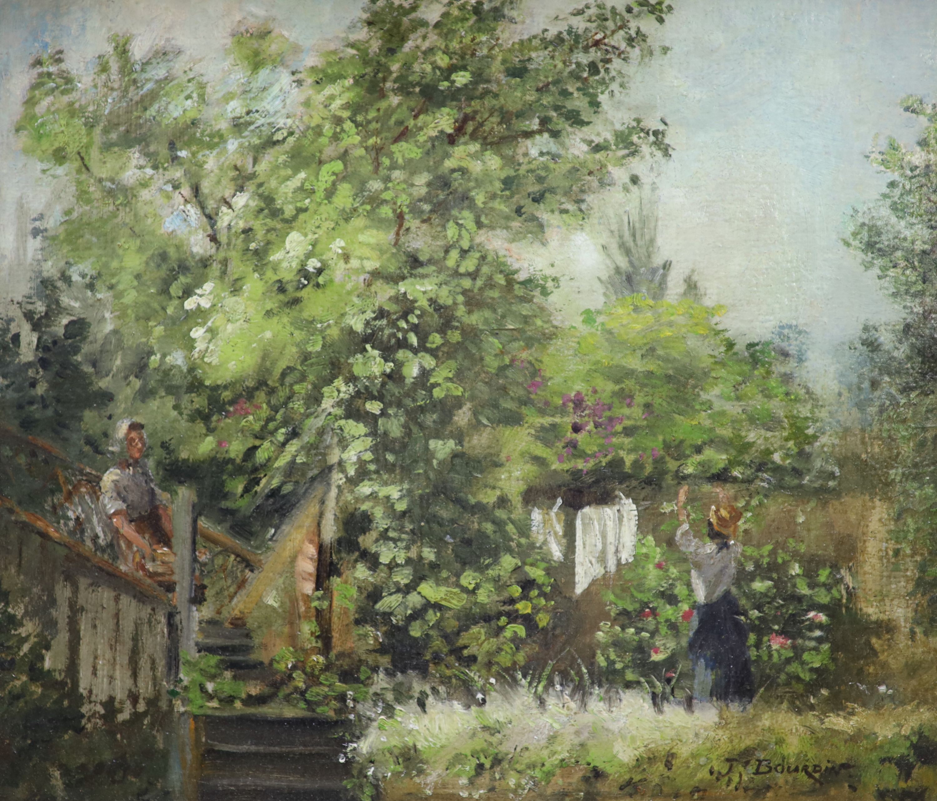 J.Bourdin, oil on wooden panel, Figures in a garden, signed, 30 x 35cm